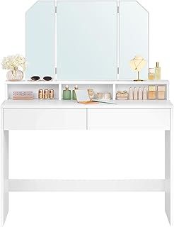 VASAGLE RDT115W01 Modern 2 Drawer 3 Open Compartment Makeup Vanity Table with Folding Mirror - Cloud White