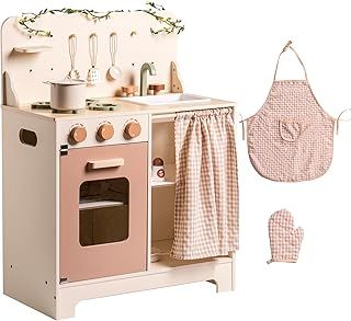 ROBOTIME Wooden Play Kitchen, Kids Toy Kitchen with Apron, Glove and Curtain, Children Kitchen with Leaf String, Educational Pretend Play Cooking Set, Rustic Style Gift for Girls Aged 3+, Cream Rose
