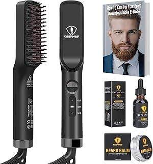 3 in 1 Professional Beard Straightener with Beard Oil & Balm, Portable Hair Straightener Brush for Men & Women