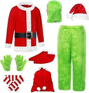 SERTAS Green Furry Monster Costume Adult 9Pcs Set,Adult Christmas Santa Costume,Christmas Elf Santa Furry Mask Outfit,Deluxe Green Furry Monster For Christmas Costume Adults
