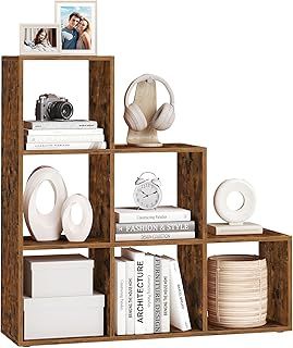 VASAGLE Bookcase Stair Shelf Divider Storage Furniture 6 Compartments Office Living Room Bedroom Rustic Brown LBC63BX