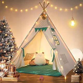 besrey Kids Teepee Tent indoor - Toddler Play Tent with Mat & Lights, Childrens teepee tent indoor, Cotton Playhouse for Toddlers, Tipi Tent Indoor/Outdoor Gift for Girls & Boys Toddler Reading Tents