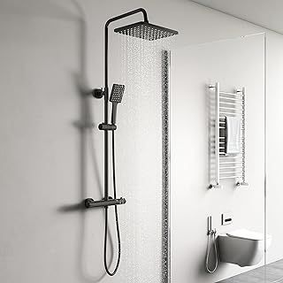 YOOZENA Shower Mixer Set,Shower System,26x19 cm rain Shower,Thermostatic Shower Mixer bar,Adjustable- Height Shower Set for Bathroom,Black