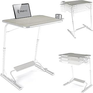 FoldWise Folding Laptop Table for Sofa - Wooden Portable Computer Desk & Overbed Table, All-in-One: Adjustable Height, Tilt Angle, Flat-Folding, Footrest, Cupholder, Tablet Holder & Edge Stopper