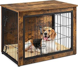 Yaheetech 32" Dog Crate Furniture End Table with Cushion & Double Doors for Shiba Inus, Bichon Frises, Shih Tzus, Medium Dog Cage 80.5x55.5x64 cm, Rustic Brown