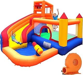 Bouncy Castle, Inflatable Trampoline Bounce House with Long Slide, Climbing Wall, Ball Pit, Cannon, Bucket Dump for Kids Indoor Outdoor