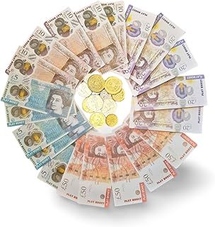 Pound Sterling Pretend Play Money for Children | UK Currency Toy Banknotes and Coins | Kids Role Play Shop Till Bank Cash, Post Office Set - School Teach Money Numeracy