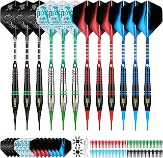 CyeeLife Darts Plastic Tip - Soft Tip Darts Set - 12 Pcs 18 Gram with 4 Colors Premium Aluminum Shafts, 100 Extra Dart Tips 16pcs Flights and 2pcs Flight Protectors for Electronic Dart Board