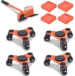 Ronlap 6-Inch Steel Tri-Dolly, 3-Wheel Furniture Mover's Dolly with Lifer, Heavy Furniture Moving Rollers, 200 KG Capacity 4 Pack (Orange)