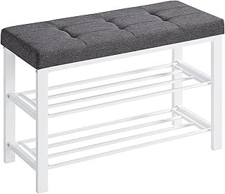 SONGMICS Shoe Bench, 3-Tier Shoe Rack for Entryway, Storage Organiser with Foam Padded Seat, Linen, Metal Frame, for Living Room, Hallway, 31 x 81 x 49 cm, White and Grey LBS057W03