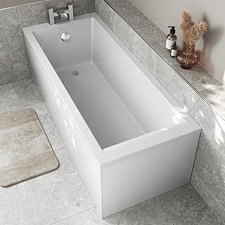 1600 x 700mm Single Ended Straight Bath White Gloss Soaking Bathttub, Acrylic Baths for Bathrooms, Straight Square, Adjustable Feet, Side Panel Included
