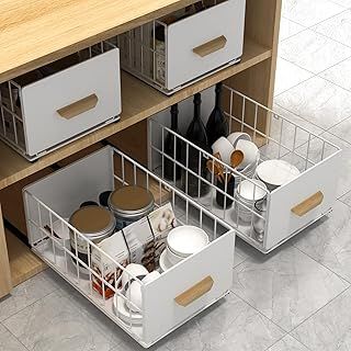 Pull Out Cabinet Organiser Heavy Duty Slide Out Drawers Cabinet Basket Large Pull Out Kitchen Storage No Drilling Metal Storage Basket with Self-adhesive for Cupboards Pantry Bathroom