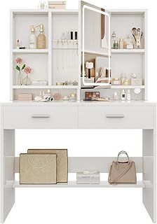 Devoko Dressing Table with LED Lights, 3 Light Colours, Adjustable Brightness,Vanity Desk with 2 Drawers, Jewellery Storage and Open shelves, Makeup Desk with Mirror, 90×40cm (White)