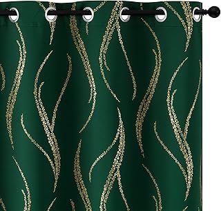 Yakamok Blackout Curtains 84 inch Length Living Room Thermal Insulated Gold Wave Line Dots Pattern Curtains Room Darkening Grommet Curtains for Bedroom, Emerald Green, W52 x L84-inch, 2 Panels