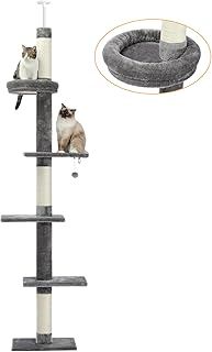 PAWZ Road Cat Tree 5-Tier Floor to Ceiling Cat Tower Height Adjustable, Tall Kitty Climbing Activity Center with Scratching Post, Cozy Bed, Dangling Ball for Indoor Cats/Kitten Grey