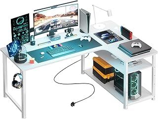 COMHOMA L Shaped Gaming Desk 130x80CM with Power Outlets Corner Computer Desk with Shelves Headphone Hook PC Table Workstation for Home Office Bedroom (White, 130CM)