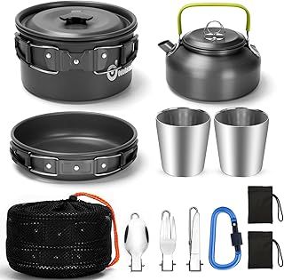 Odoland Camping Cooker Pan Set Aluminum Camping Cookware Kit for 2 People, Portable Outdoor Pot Pan Stove Kettle 2 Cups and Tableware - Backpacking Cookware for Picnic Trekking and Hiking