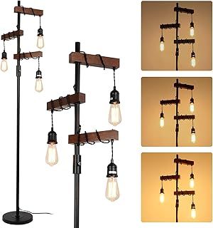 Industrial Dimmable Floor Lamps, Farmhouse 3-Lights Wooden Standing Lamp, Vintage Tree Tall Light, E27 LED, Metal Black Brown Floor Lamp for Living Room, Bedroom, Sofa, Corner, Rustic Home