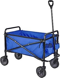Amazon Basics Collapsible, Height Adjustable & Foldable Outdoor Garden Utility Wagon / Festival Camping Beach Trolley with Cover Bag, Blue