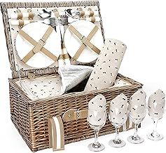 G GOOD GAIN Willow Picnic Basket Set for 4 Persons with Large Insulated Cooler Bag and Waterproof Picnic Blanket,Wicker Picnic Hamper for Camping,Outdoor,Valentine Day,Chirtmas,Thanks Giving,Birthday.