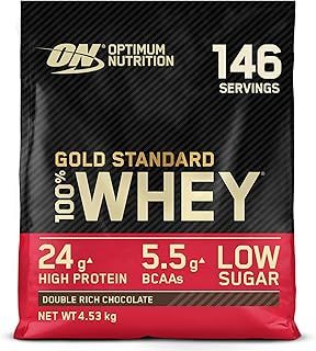 Optimum Nutrition Gold Standard 100% Whey Muscle Building and Recovery Protein Powder With Naturally Occurring Glutamine and BCAA Amino Acids, Double Rich Chocolate Flavour, 146 Servings, 4.53 kg