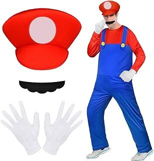 Aomig Mario Costumes, 4 Pack Mario Cosplay Costume Accessories Kits with Bodysuit, Luigi Hats Cap, Mustaches, White Gloves, Mario Luigi Bros Fancy Dress Outfit Costume for Women Men