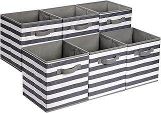 Amazon Basics Collapsible Fabric Storage Cube/Organiser with Handles, Pack of 6, Awning Stripe White/Light Grey, 26.6 x 26.6 x 27.9 cm