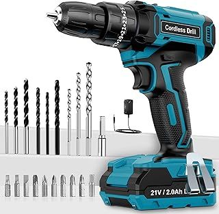 Cordless Drill Driver 21V, Cordless Hammer Drill with Battery 2000mAh, 25+3 Torque, 42N.m Max Electric Drill, 24PCS Drill Bits, 2 Speed, LED Light for Home and Garden DIY Project