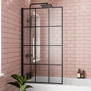 1400 x 800mm Black Square Grid Over Bath Shower Screen Door 6mm Clear Toughened Safety Glass Panel 180° Pivot Bathroom Hinged Framed Bath Screens