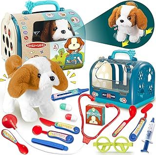 TEUVO Walking Dog Toys for Kids, 15Pcs Realistic Electric Interactive Robot Dog Toy Bark/Wag Tail Plush Puppy Toy Dogs for Girls Stethoscope Vet Set Present Gifts Toys for Girls 2 3 4 5 6 7 8 Year Old