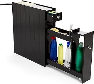 VonHaus Slim Bathroom Storage Unit - Small Grey Slimline Bathroom Cabinet, Tongue & Groove - Narrow & Compact Freestanding Organiser - Drawer & Slide Out Shelving - for Laundry, Utility Room