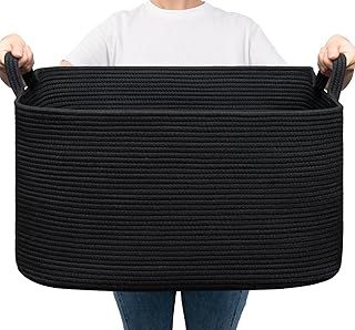 Laundry Basket, Large Storage Basket for Toys, Towels, Blankets, Woven Baskets for Storage Dirty cloths, Cotton Rope Baskets in Living Room, Bathroom, Black, 55x38x30 cm, 65L