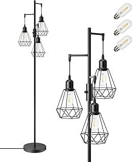 EDISHINE Industrial Floor Lamp with 3 LED Bulbs, Diamond Cage Lampshade, Dimmable Standing Lamp for Living Room, Bedroom, Office, E27 Sockets