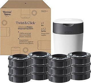 Tommee Tippee Twist and Click Nappy Bin Starter Set, 12x Refill Cassettes with Multilayer, Antibacterial Film, 100% Recycled Chassis, White (pack may vary)