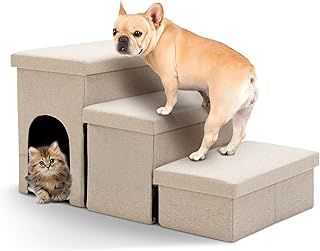 Dog Steps for Sofa, Dog Stairs for Small Dogs Cats, Pet Steps with Storage and Condo, 3-Steps Folding Dog Ramp, Non-Slip Safety Dog Steps for Old & Injured Pets, Grey, Beige, 80x43x42cm