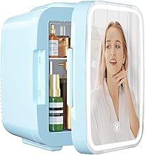 Mini Fridge for Bedroom, Skincare Fridge with LED Light Mirror, 4L Small Fridge Portable,220V AC/ 12V DC Thermoelectric Warmer & Cooler for Car Office Dorm(Blue)