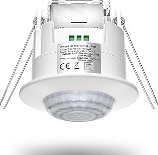 TobeBright Ceiling PIR Sensor Indoor 360 Degree Infrared Ceiling Motion Sensor Light Switch Flush Mounted Recessed Presence Sensor 240V With Adjustable Timer And LUX Control, Max 1200W/300W