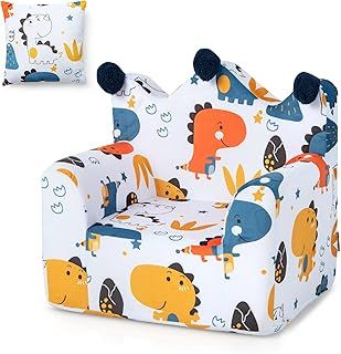 Maxmass Kids Sofa, Velvet Children Recliner Chair with Backrest, Armrest, Pillow, Fur Ball Decoration & Crown Shaped Design, Padded Toddler Armchair for Reading, Sleeping, Relaxing (Orange, Dinosaur)