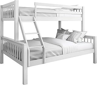 Bunk Bed, Triple Bunk Bed, 4ft6 Double & 3ft Single Wooden Bunk Beds Solid Pine Wood Frame With Ladder Triple Sleeper Kids Bed (White L198cm x W143cm x H146)