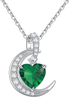 Qings Birthstone Necklace Crescent Moon - Sterling Silver 925 Heart Pendant Dainty Halo Necklaces Birthstones Jewelry Gifts for Women Wife Girls