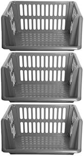 Large 3 Tier Stacking Baskets Storage Veg Rack Plastic Stackers 35cm - Silver