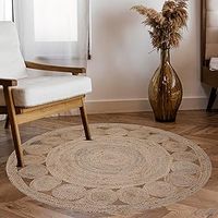 Natural Tikki Jute Rug Hand Woven Braided Reversible Rustic Area Rugs for Living Room Bedroom Home Decor Sisal Boho Farmhouse Carpet - Round 3 Feet