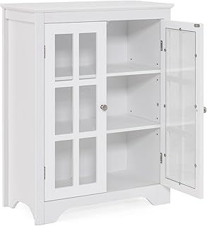 RELAX4LIFE Bathroom Floor Cabinet, Wooden Storage Cabinet with Double Tempered Glass Doors & Adjustable Shelves, Freestanding Cupboard Storage Organizer Unit for Living Room, Entryway (White)