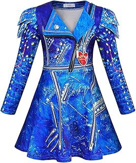 Febbabe Descendants Evie Costumes for Girls Zipper Jacket Long Sleeve Dress Halloween Carnival Cosplay Outfits Child World Book Day Holiday Role Play Dress Up Blue Age 7-8 Years