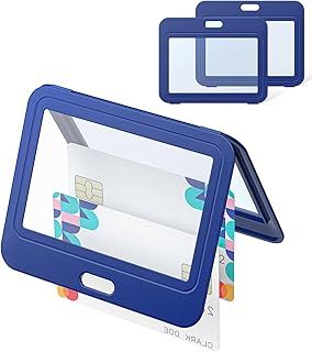 Uniclife ID Badge Holder with Double-Sided Windows Horizontal Hard Plastic Case Blue Card Protector Pouch for Office School ID Credit Cards Proximity Key Cards Driver’s Licenses and Passes, 3 Pack