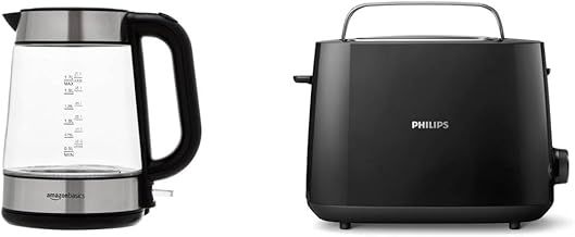 Amazon Basics 1.7L Glass Kettle + Philips Daily Collection Toaster, 2 Large Slots for Bread, 8 Settings + Integrated Bun Warming Rac, Blue