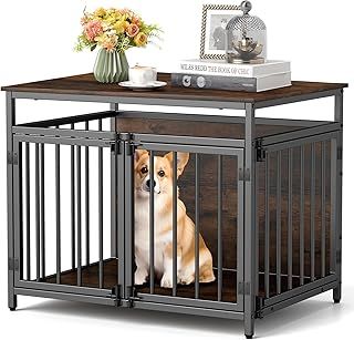 COSTWAY Dog Crate Furniture, Wooden Dog Cage with Lockable Doors & Hollow Top, Indoor Pet Kennel Side End Table for Small & Medium Sized Dogs, 80 x 60 x 64cm