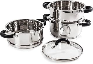 Tower T80836 Essentials Induction Steamer Pans 3 Tier with Glass Lid, Silicone Handles, Stainless Steel, Steamer Cooking, Polished Mirror Finish, 18 cm , Silver