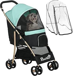 PawHut Dog Stroller with Rain Cover, Foldable Dog Pram, 4 Wheels Pet Pushchair with Safety Leashes, for Small, Miniature Dogs, Cats - Green