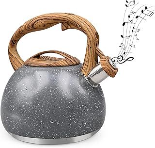 LYCN Tea Kettle for Stove Top, 3L Whistling Kettle with Wooden Spout, Stainless Steel Kitchen Teapot with Wood Grain Handle for Induction, Cooker,Gas Electric Hobs (Gray)